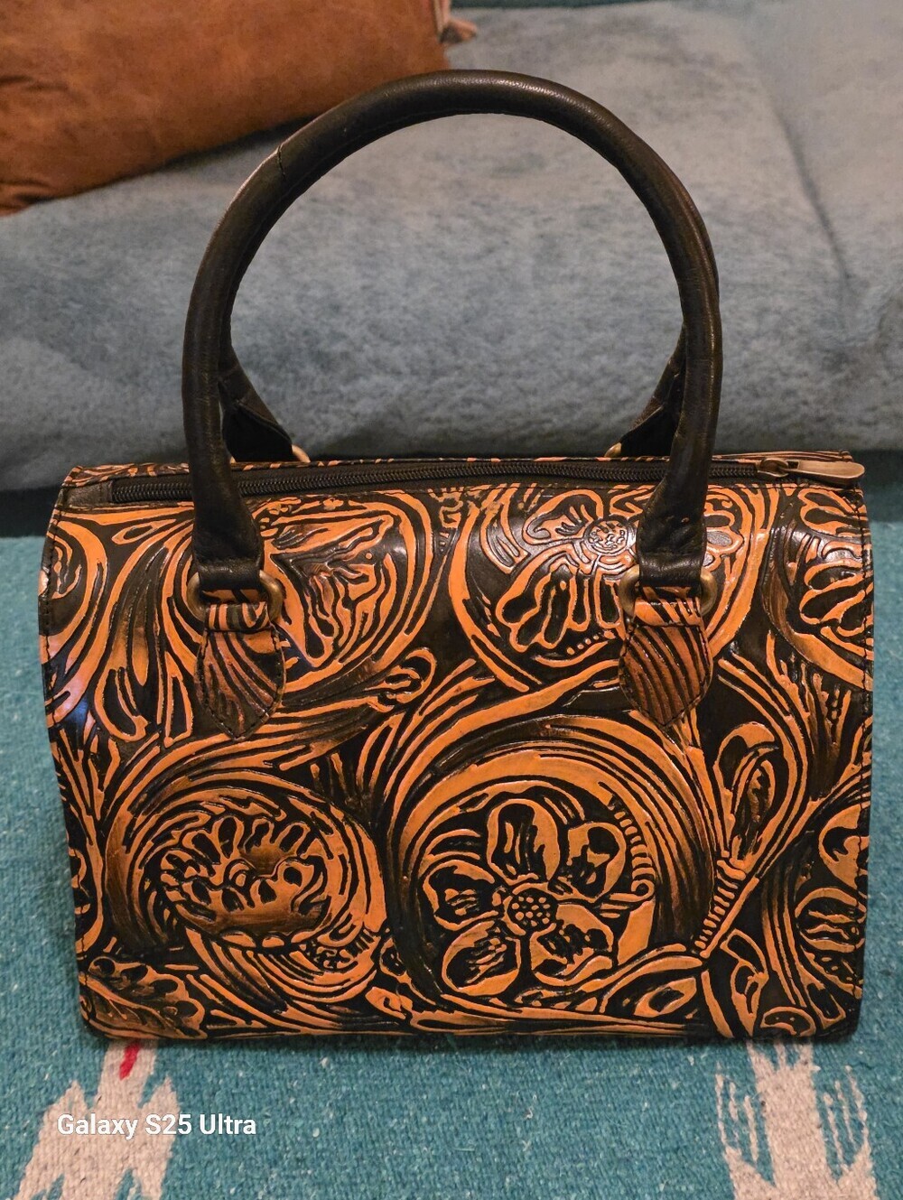 Floral Artisan Leather Speedy Satchel Burnt Copper & Black Western Crossbody - Picture 8 of 17